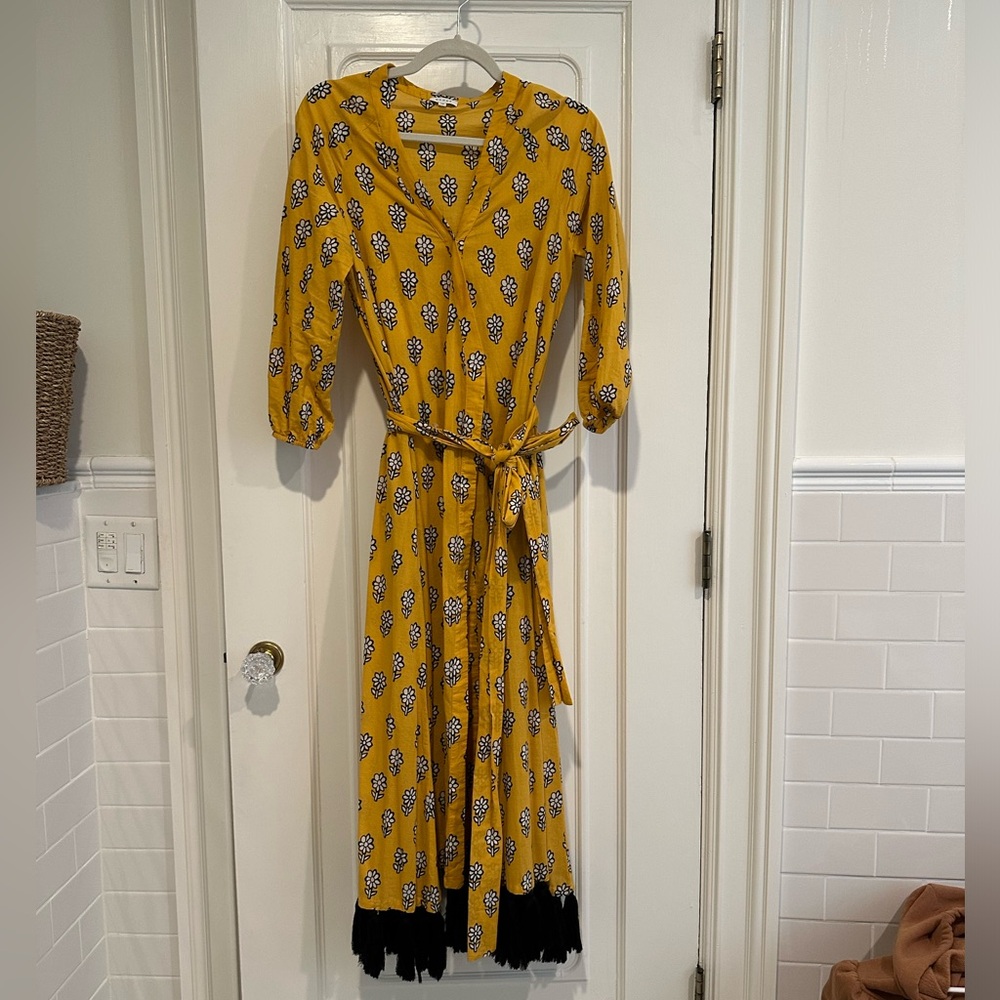 Rhode Lena Tassel Hem Wrap Dress Waist Belt Closure Yellow Black XS